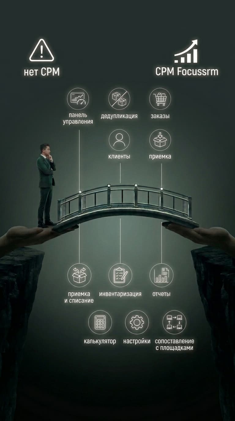 Двенадцать модулей Focussrm соединяют магазин без CRM и рост